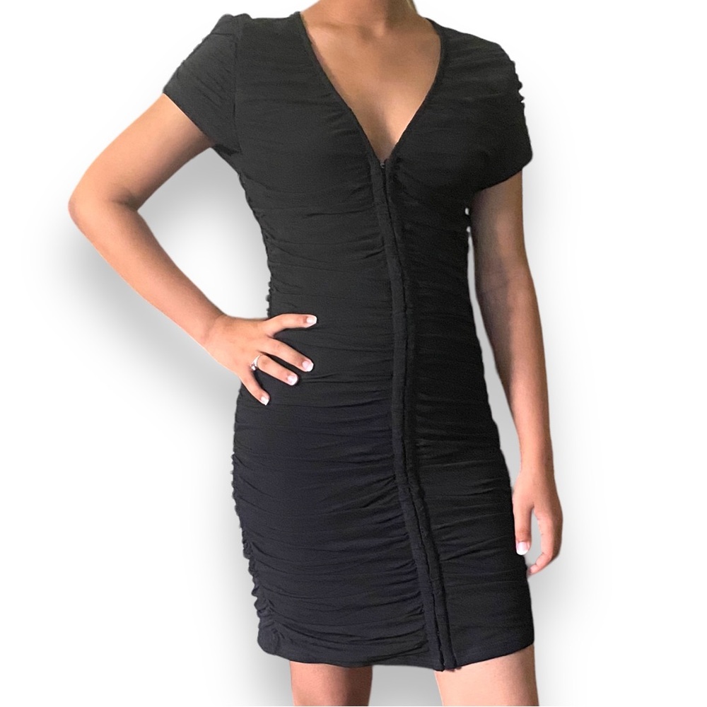Edit By Nine Black Ruched mini women’s L Dress with front hook and eye closure